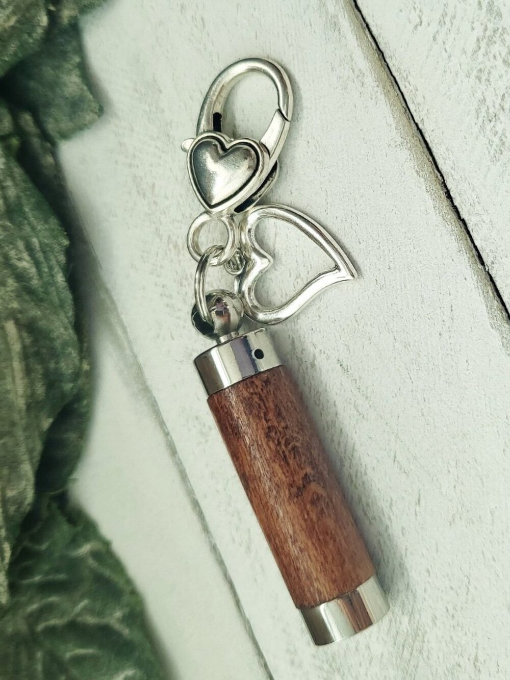 Wood Capsule Keychain Stainless Steel Charm Locket Bag Charm Heart Keepsake